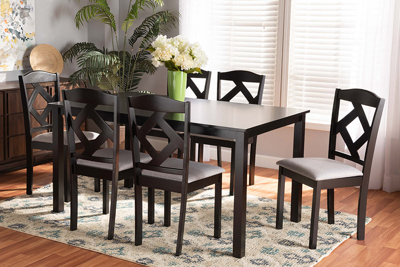 Emiko Modern Transitional Gray Fabric Upholstered and Dark Brown Finished Wood 7-Piece Dining Set