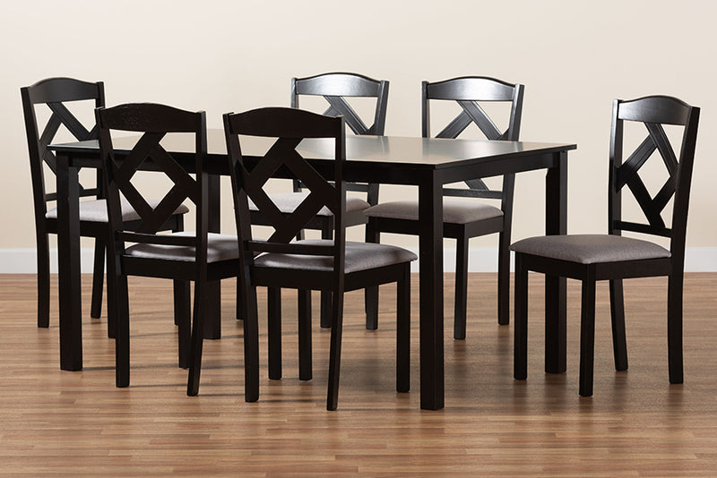 Emiko Modern Transitional Gray Fabric Upholstered and Dark Brown Finished Wood 7-Piece Dining Set