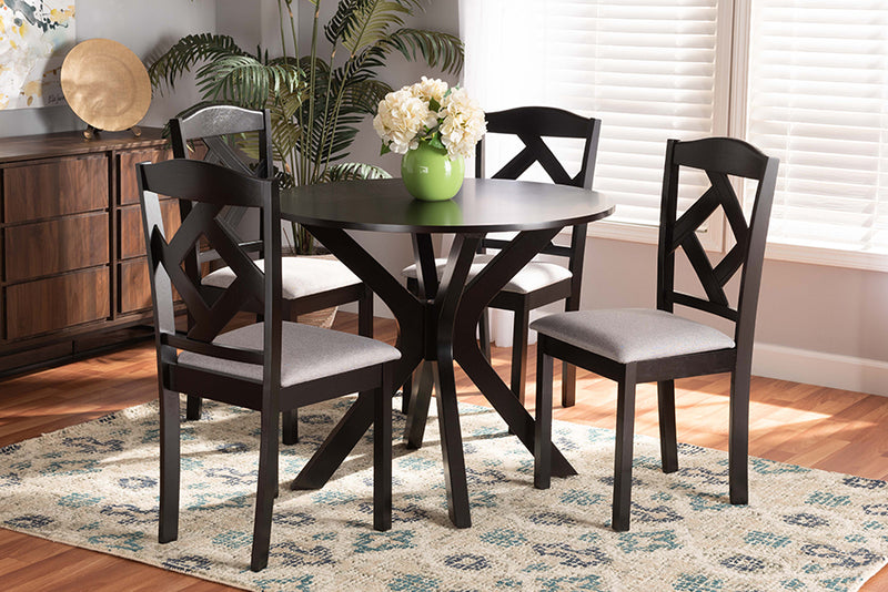 Tabanan Modern Transitional Gray Fabric Upholstered and Dark Brown Finished Wood 5-Piece Dining Set