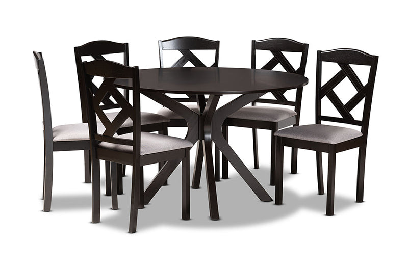 Tabanan Gray Fabric Upholstered and Dark Brown 7-Piece Dining Set Baxton