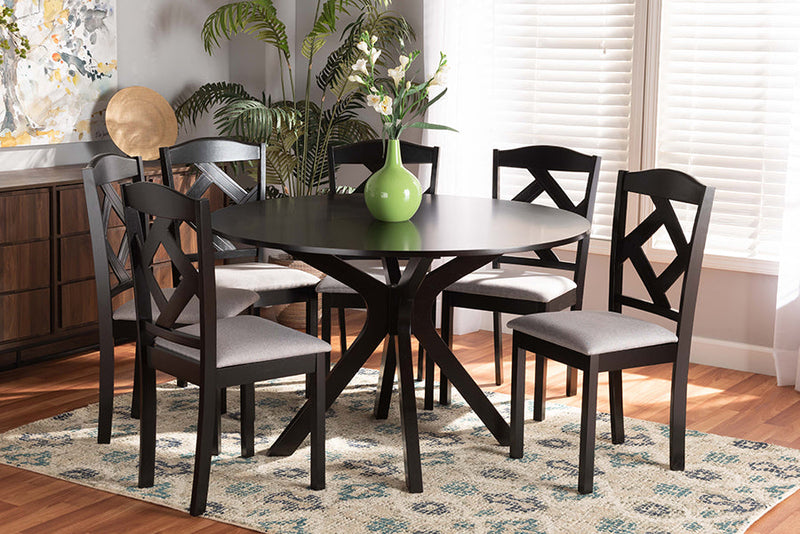 Tabanan Gray Fabric Upholstered and Dark Brown 7-Piece Dining Set Baxton