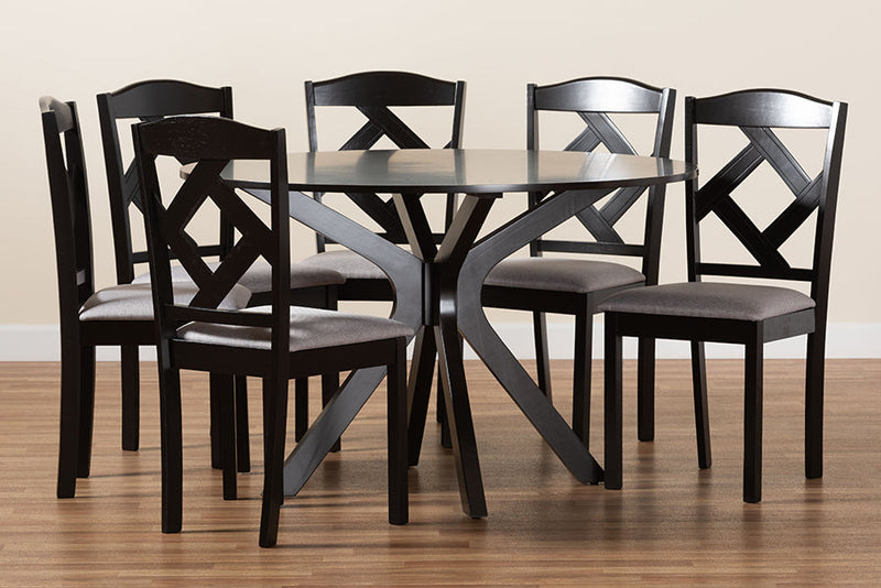 Tabanan Gray Fabric Upholstered and Dark Brown 7-Piece Dining Set Baxton