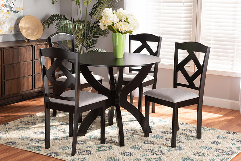 Georgette Modern Transitional Gray Fabric Upholstered and Dark Brown Finished Wood 5-Piece Dining Set