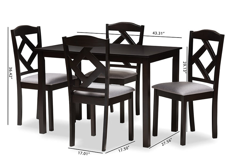 Emiko Espresso Brown Finished and Gray Fabric Upholstered 5-Piece Dining Set Baxton