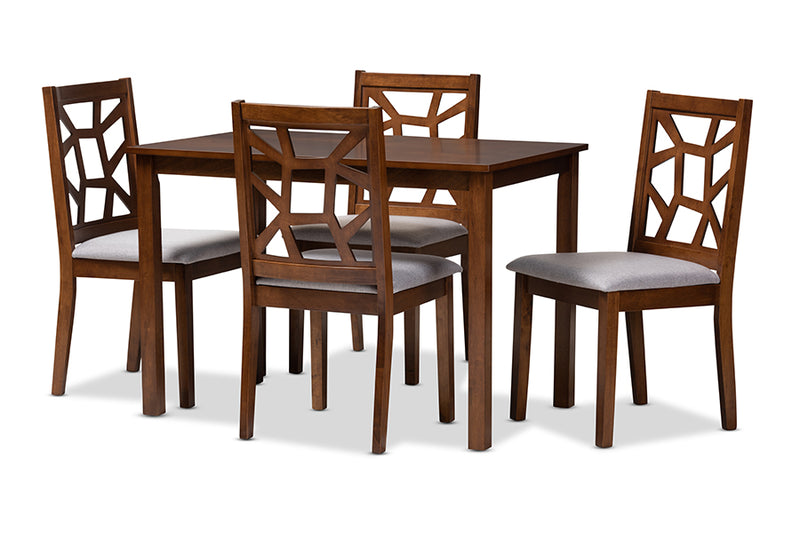 Caspia Mid-Century Walnut Finished and Gray Fabric Upholstered 5-Piece Dining Set