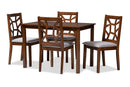 Caspia Walnut Finished and Gray Fabric Upholstered 5-Piece Dining Set Baxton