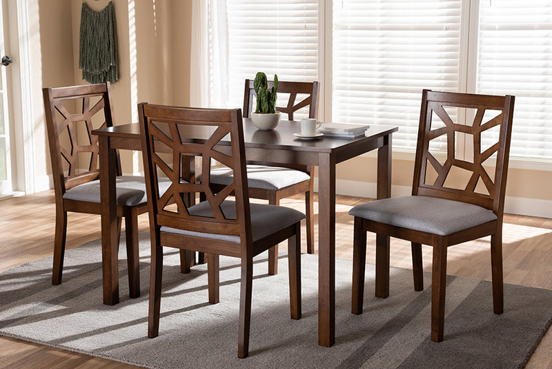 Caspia Mid-Century Walnut Finished and Gray Fabric Upholstered 5-Piece Dining Set