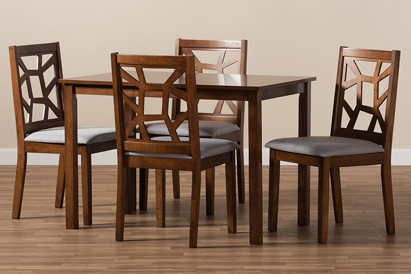 Caspia Mid-Century Walnut Finished and Gray Fabric Upholstered 5-Piece Dining Set