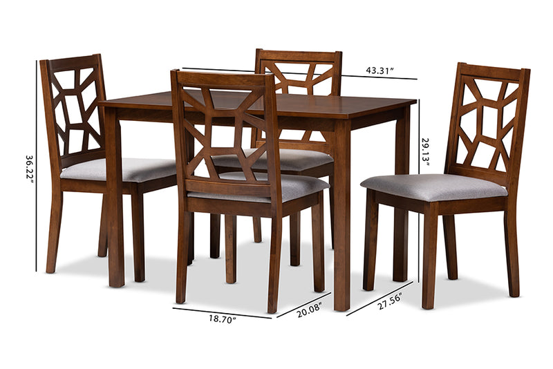 Caspia Mid-Century Walnut Finished and Gray Fabric Upholstered 5-Piece Dining Set