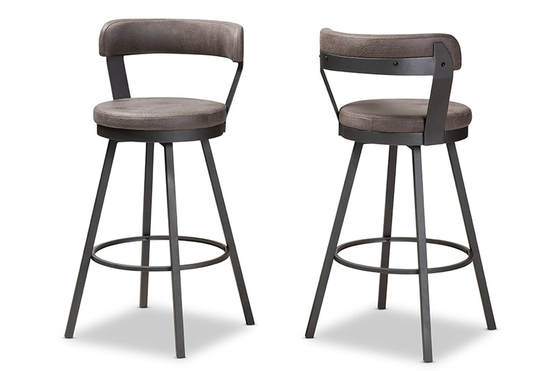 Harry Rustic and Industrial Antique Gray Fabric 2-Piece Swivel Bar Stool Set