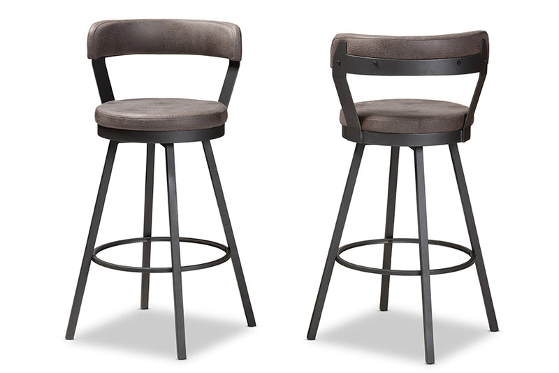 Harry Rustic and Industrial Antique Gray Fabric 2-Piece Swivel Bar Stool Set