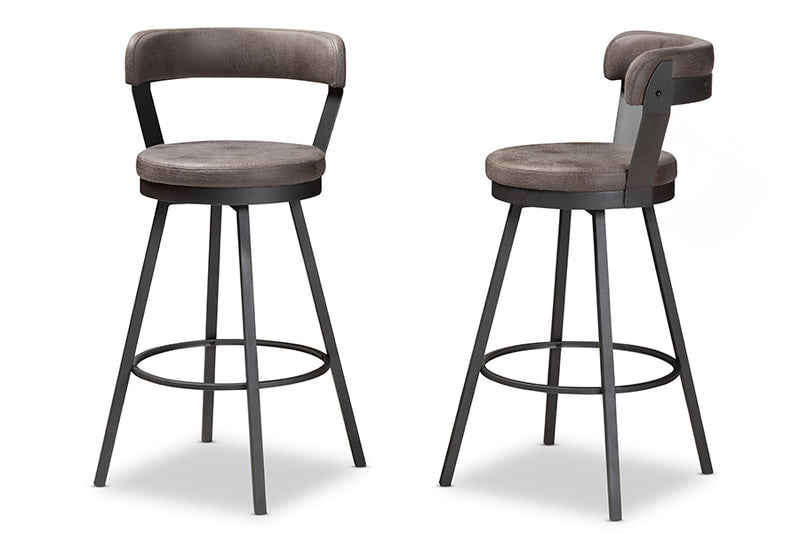 Harry Rustic and Industrial Antique Gray Fabric 2-Piece Swivel Bar Stool Set