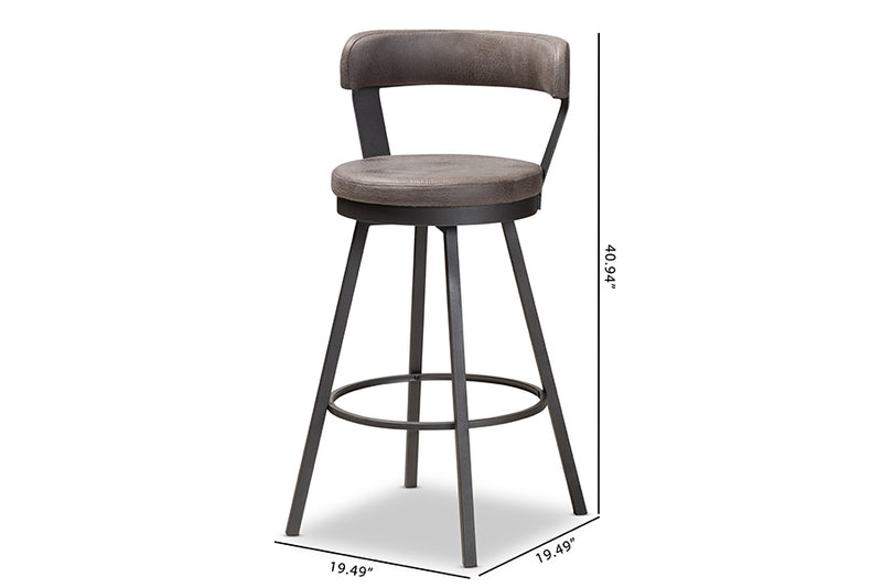 Harry Rustic and Industrial Antique Gray Fabric 2-Piece Swivel Bar Stool Set