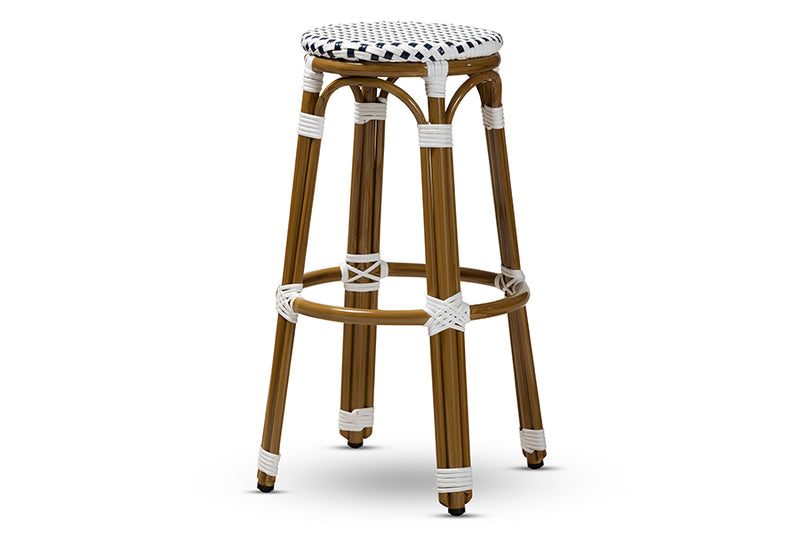 Valora Classic French Indoor and Outdoor Navy and White Bamboo Style Stackable Bistro Bar Stool