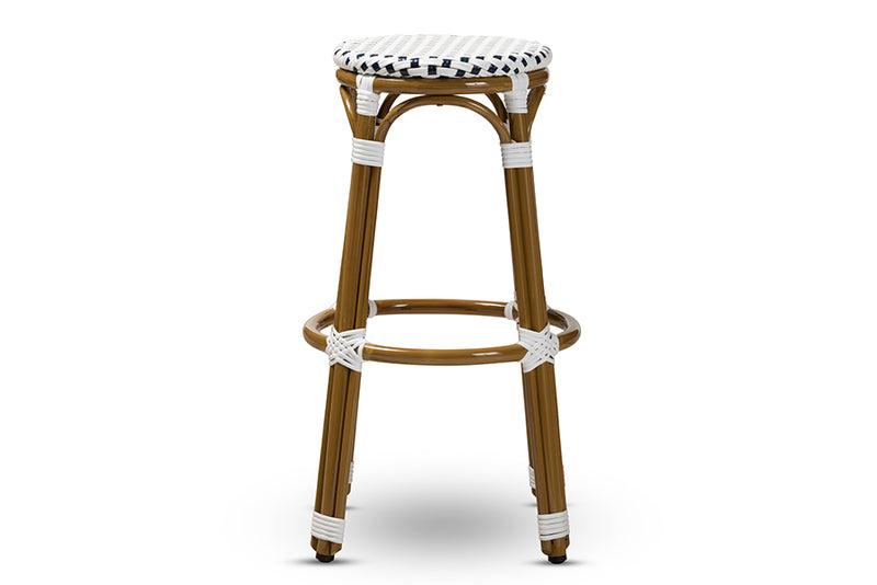 Valora Classic French Indoor and Outdoor Navy and White Bamboo Style Stackable Bistro Bar Stool