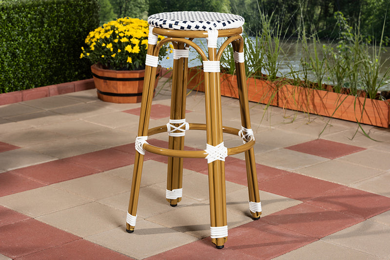 Valora Classic French Indoor and Outdoor Navy and White Bamboo Style Stackable Bistro Bar Stool 