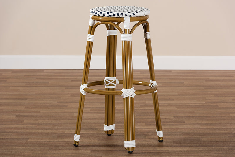 Valora Classic French Indoor and Outdoor Navy and White Bamboo Style Stackable Bistro Bar Stool