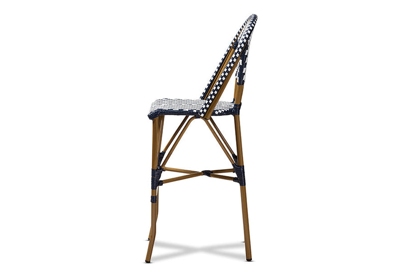 Sparrow White and Blue Bamboo Style Stackable Bistro Bar Stool Baxton