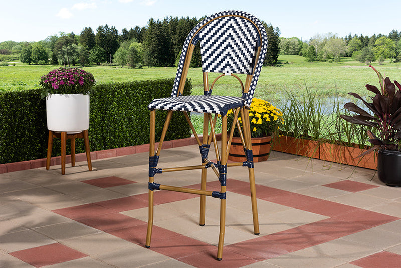 Sparrow White and Blue Bamboo Style Stackable Bistro Bar Stool Baxton