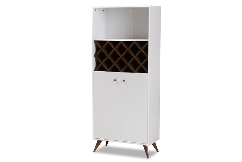 Inicio Mid-Century Modern White and Walnut Finished Wood Wine Cabinet