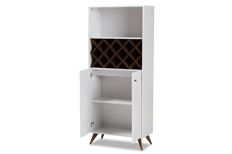 Inicio Mid-Century Modern White and Walnut Finished Wood Wine Cabinet