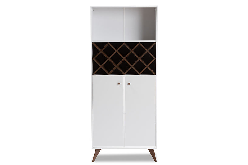 Inicio Mid-Century Modern White and Walnut Finished Wood Wine Cabinet