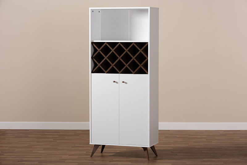 Inicio Mid-Century Modern White and Walnut Finished Wood Wine Cabinet