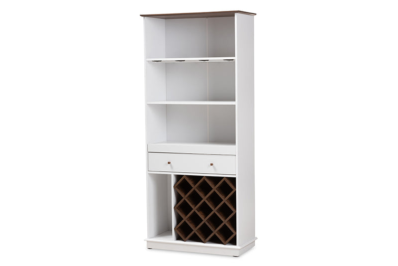 Mia Mid-Century Modern White and Walnut Finished Wood Wine Cabinet