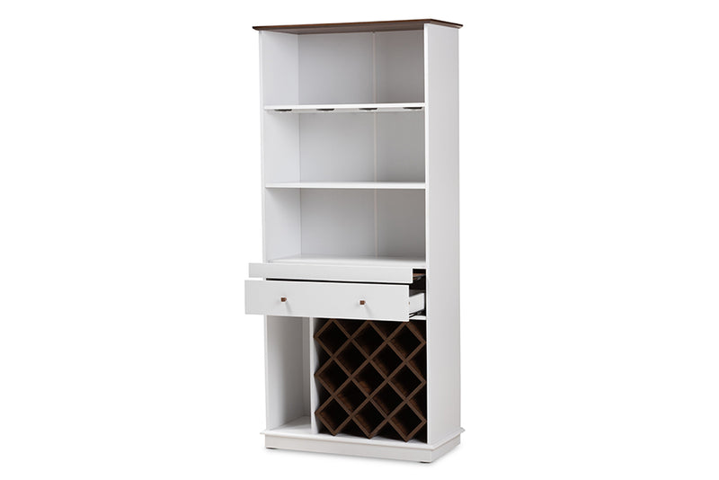 Mia Mid-Century Modern White and Walnut Finished Wood Wine Cabinet