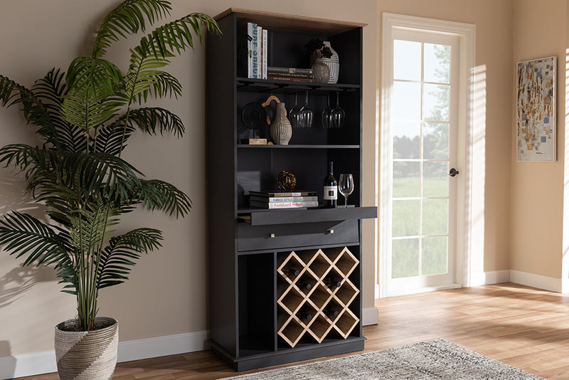 Mia Modern and Contemporary Dark Gray and Oak Finished Wood Wine Cabinet 