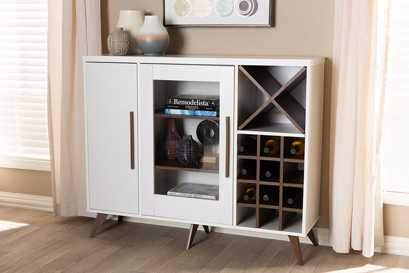 Baron Mid-Century Modern White and Brown Finished Wine Cabinet