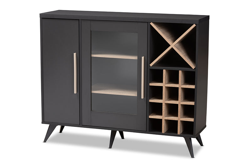 Baron Mid-Century Modern Dark Gray and Oak Finished Wine Cabinet