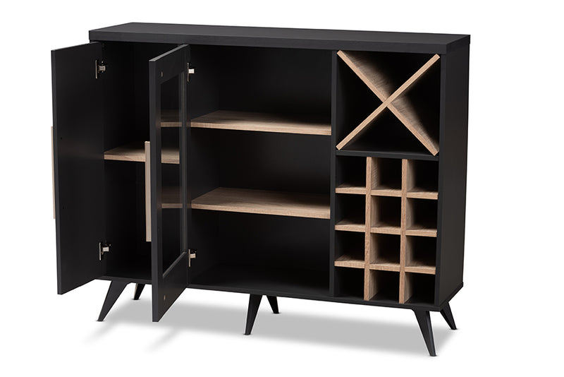 Baron Mid-Century Modern Dark Gray and Oak Finished Wine Cabinet