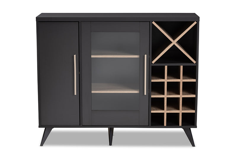 Baron Mid-Century Modern Dark Gray and Oak Finished Wine Cabinet