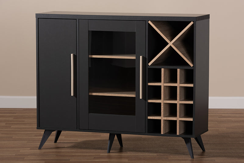 Baron Mid-Century Modern Dark Gray and Oak Finished Wine Cabinet