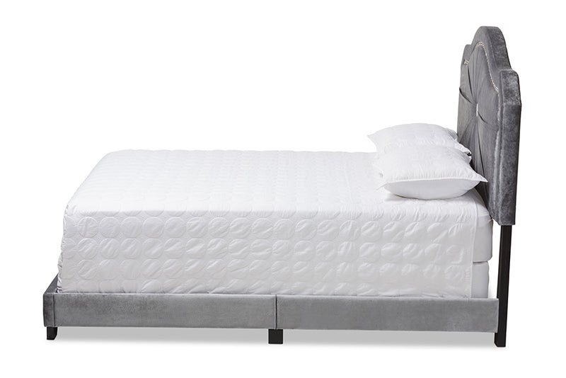 Dalair Modern and Contemporary Gray Velvet Fabric Upholstered King Size Bed