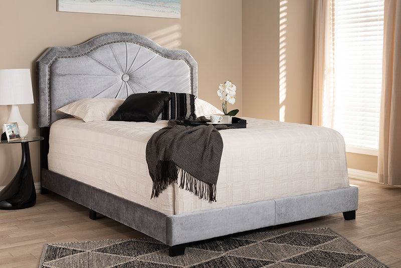 Dalair Modern and Contemporary Gray Velvet Fabric Upholstered Full Size Bed