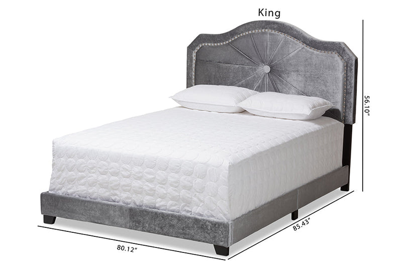 Dalair Gray Velvet Fabric Upholstered King Size Bed Baxton