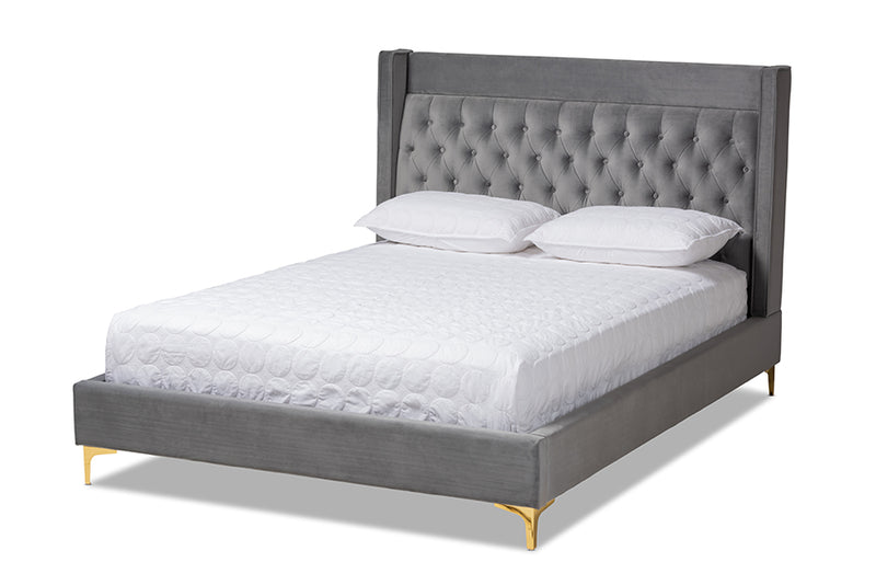 Carel Modern and Contemporary Dark Gray Velvet Fabric Upholstered King Size Platform Bed w/Gold-Finished Legs