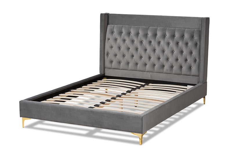 Carel Modern and Contemporary Dark Gray Velvet Fabric Upholstered King Size Platform Bed w/Gold-Finished Legs