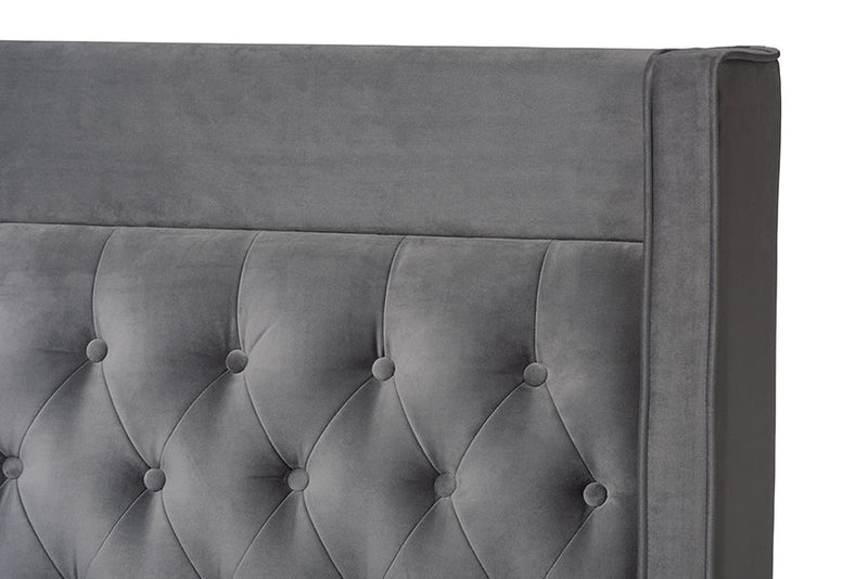 Carel Dark Gray Velvet Fabric Queen Size Platform Bed w/Gold-Finished Legs Baxton