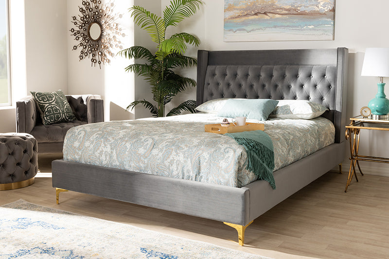 Carel Modern and Contemporary Dark Gray Velvet Fabric Upholstered King Size Platform Bed w/Gold-Finished Legs