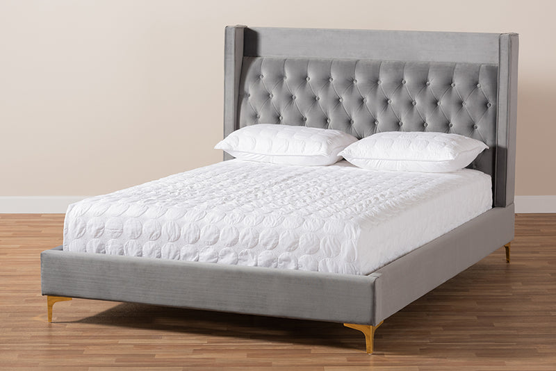 Carel Modern and Contemporary Dark Gray Velvet Fabric Upholstered King Size Platform Bed w/Gold-Finished Legs