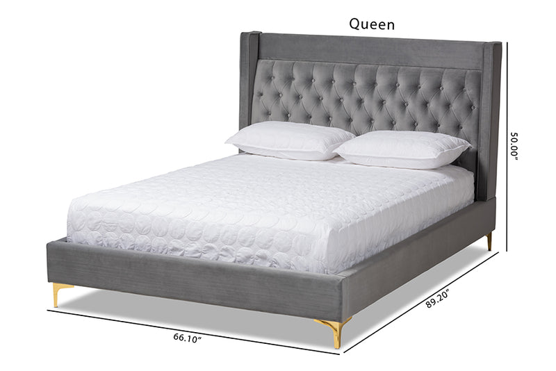 Carel Modern and Contemporary Dark Gray Velvet Fabric Upholstered King Size Platform Bed w/Gold-Finished Legs