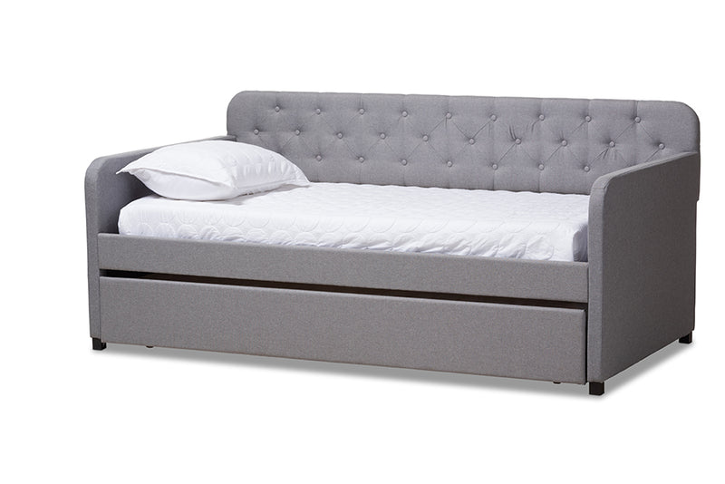 Oksana Modern and Contemporary Gray Fabric Upholstered Button-Tufted Twin Size Sofa Daybed w/Roll-Out Trundle Guest Bed