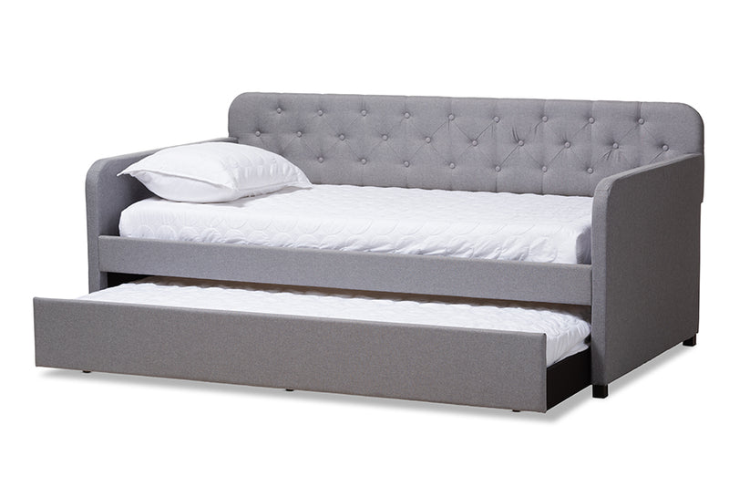 Oksana Modern and Contemporary Gray Fabric Upholstered Button-Tufted Twin Size Sofa Daybed w/Roll-Out Trundle Guest Bed