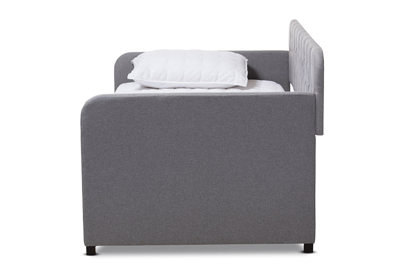 Oksana Modern and Contemporary Gray Fabric Upholstered Button-Tufted Twin Size Sofa Daybed w/Roll-Out Trundle Guest Bed