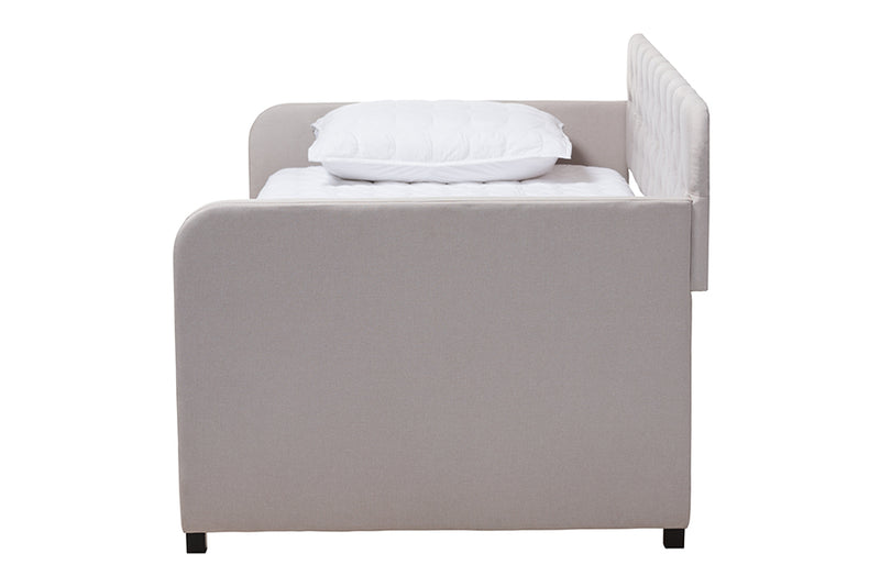 Oksana Modern and Contemporary Beige Fabric Upholstered Button-Tufted Twin Size Sofa Daybed w/Roll-Out Trundle Guest Bed