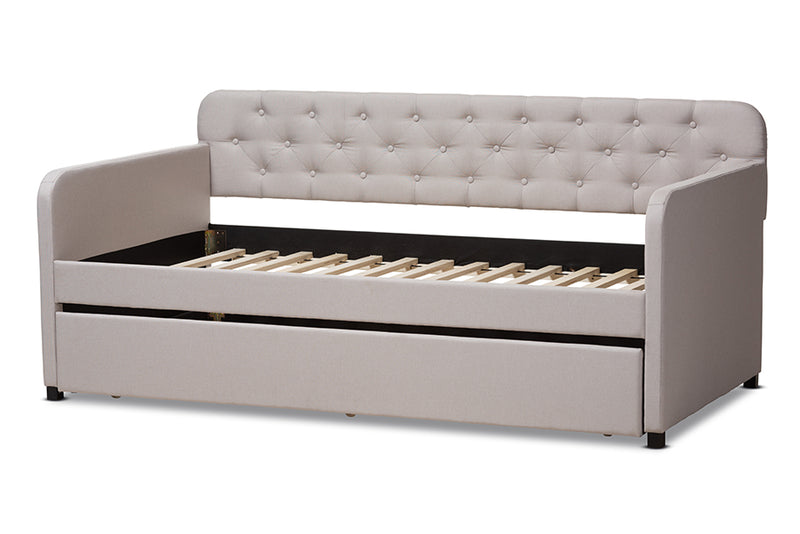 Oksana Modern and Contemporary Beige Fabric Upholstered Button-Tufted Twin Size Sofa Daybed w/Roll-Out Trundle Guest Bed