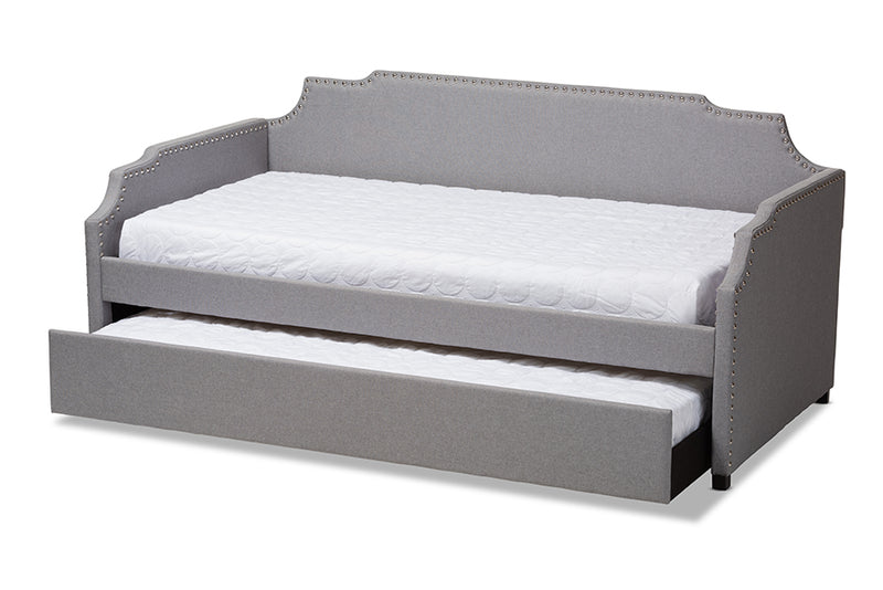 Corey Modern and Contemporary Gray Fabric Upholstered Twin Size Sofa Daybed w/Roll Out Trundle Guest Bed